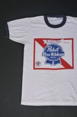 80s PABST BLUE RIBBON BEER VTG RINGER T-SHIRT WHITE×NAVY S