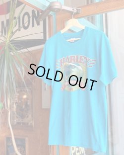 画像1: 80s HARLEY DAVIDSON TOO TOUGH TO DIE VTG T-SHIRT TURQUOISE BLUE L
