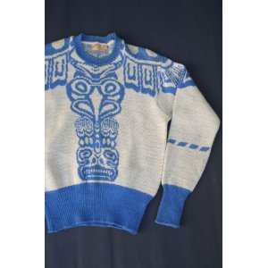 画像: 50s JANTZEN TOTEM POLE VTG WOOL KNIT SWEATER OFF WHITE×BLUE S