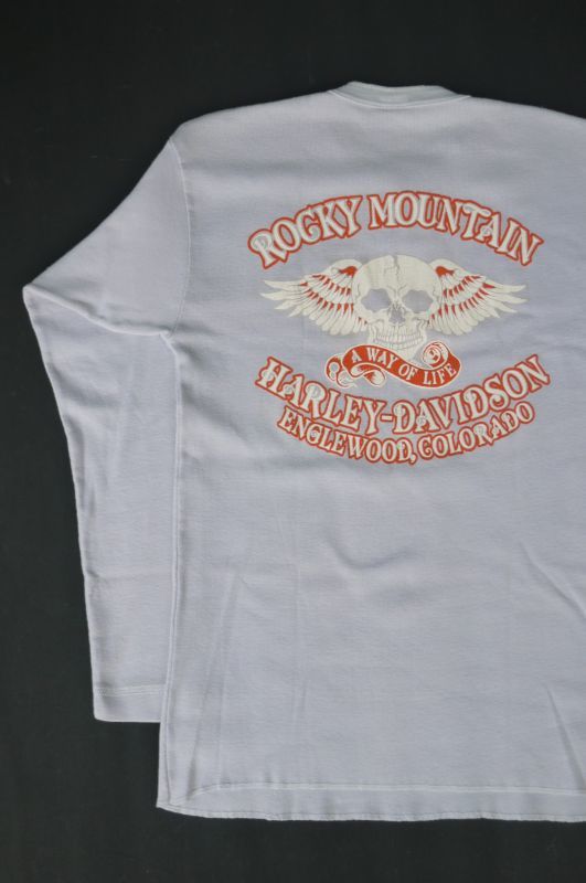 画像1: HARLEY DAVIDSON ROCKY MOUNTAIN SKULL VTG HENLEY NECKLINE LONG SLEEVE T-SHIRT LIGHT GRAY L