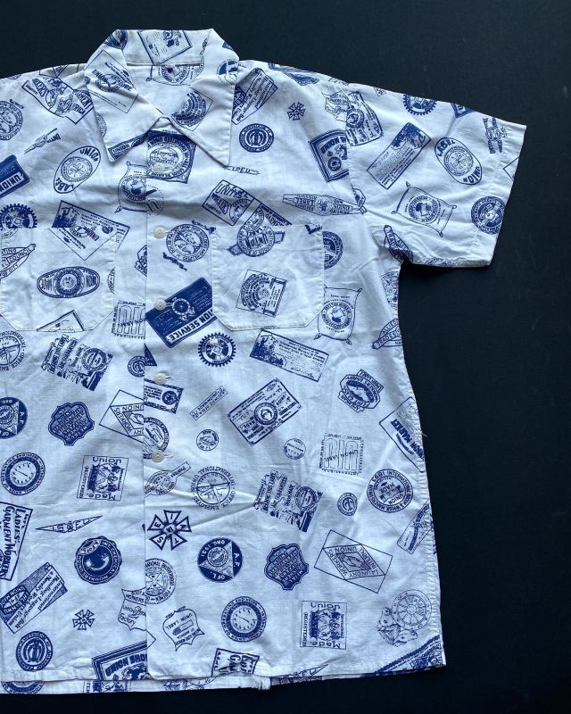 画像1: 50s UNION LABEL PATTERNED ALL OVER VTG COTTON SHIRT L