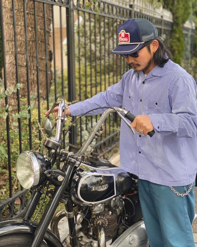 画像1: SIXHELMETS GINGHAM CHECK LONG SLEEVE SHIRT NAVY